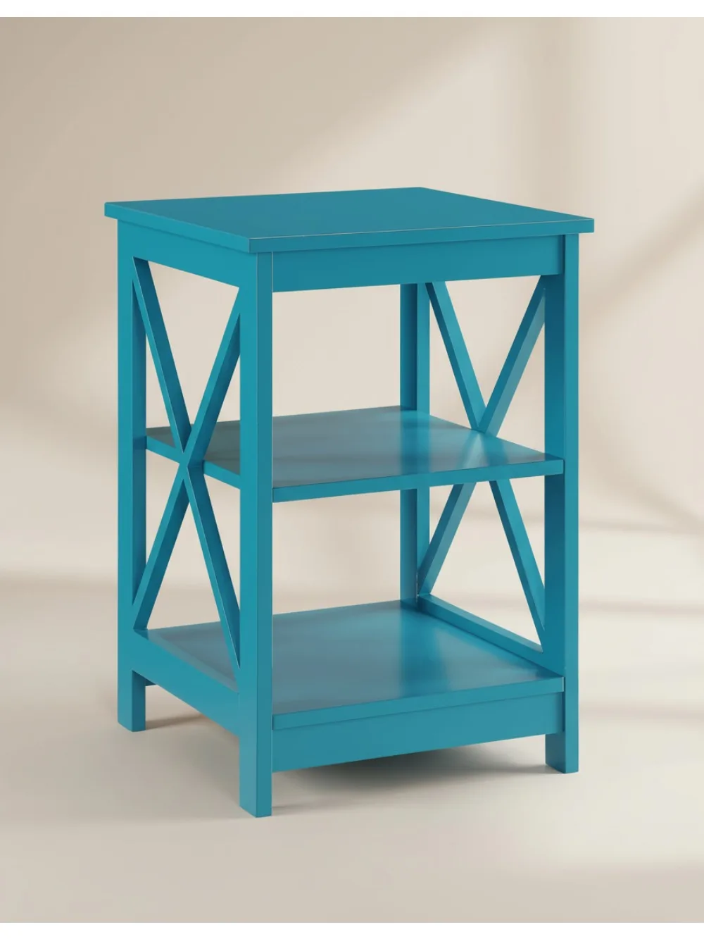 

Modern Blue End Table with 3 Storage Shelves, X-Shape Design Living Room Side Table for Home Decor Display