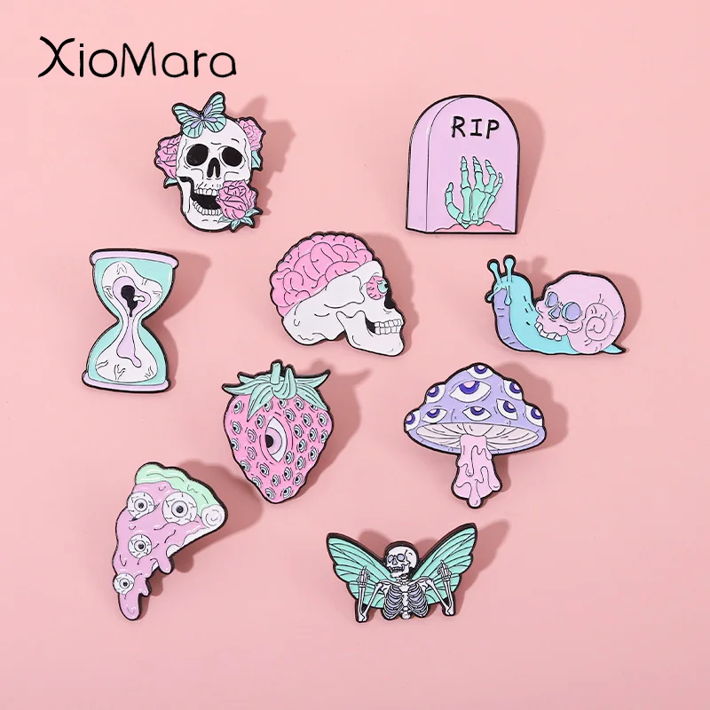 Intensive Phobia Enamel Pins Rip Skeleton Grave Hourglass Butterfly Pizza  Strawberry Eyeball Brooches Fear Lapel Badgs For Kids