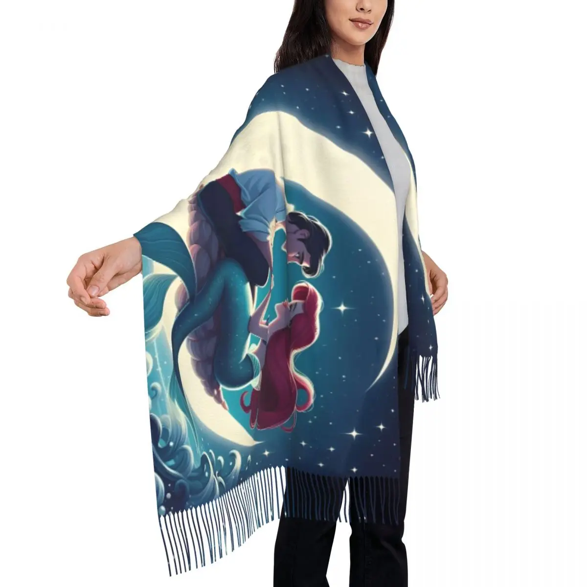 The Little Mermaid Cartoon Scarf Warm Soft Shawls and Wrap with Tassel Lady Casual Large Scarves Winter Designer Foulard