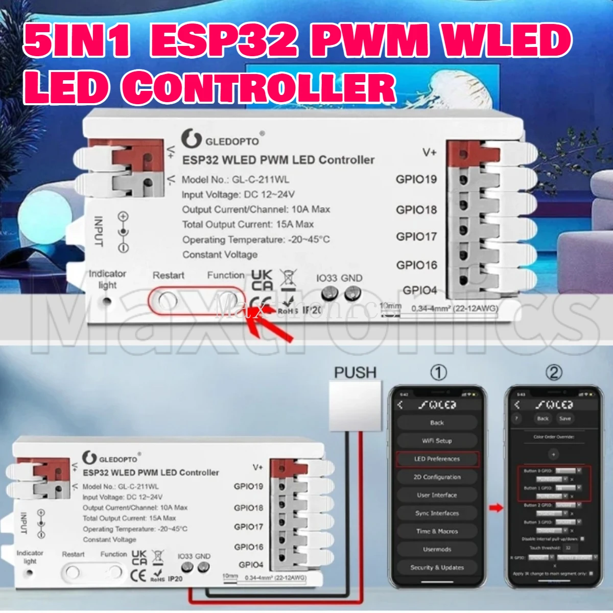 NEW GLEDOPTO 5IN1 ESP32 PWM WLED LED Controller DC 12-24V WiFi App Control For RGBCCT RGBW RGB WWCW CCT Dimmer LED Strip Light