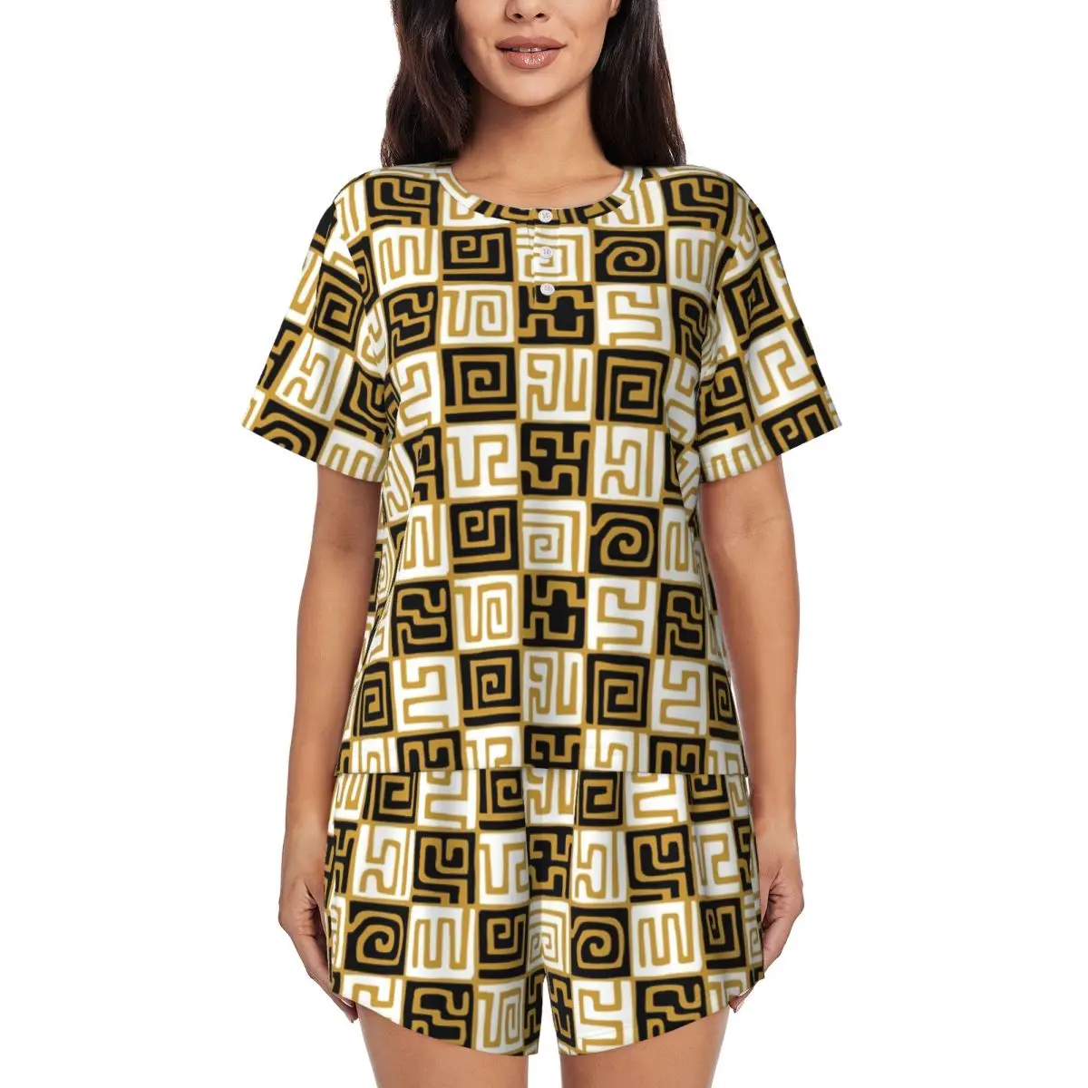 

African Kuba Fabric Round Neck Short Sleeves Nightdress for Sleeping Sleepshirts Women Loose Pajama Set Short Pants