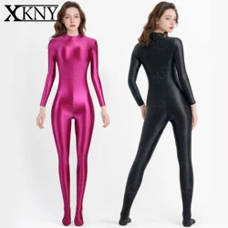 XCKNY sexy Shiny Bodysuit Tight-fitting Oil Smooth Long Zipper Overalls Yoga Zentai Suits Casual Sport Tights Catsuit Jumpsuits