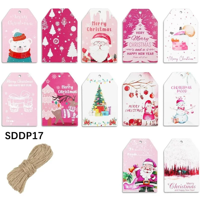 60PCS Cartoon Christmas Bear Santa Claus Reindeer Tag Label Holiday Gift Packaging Hanging Tag