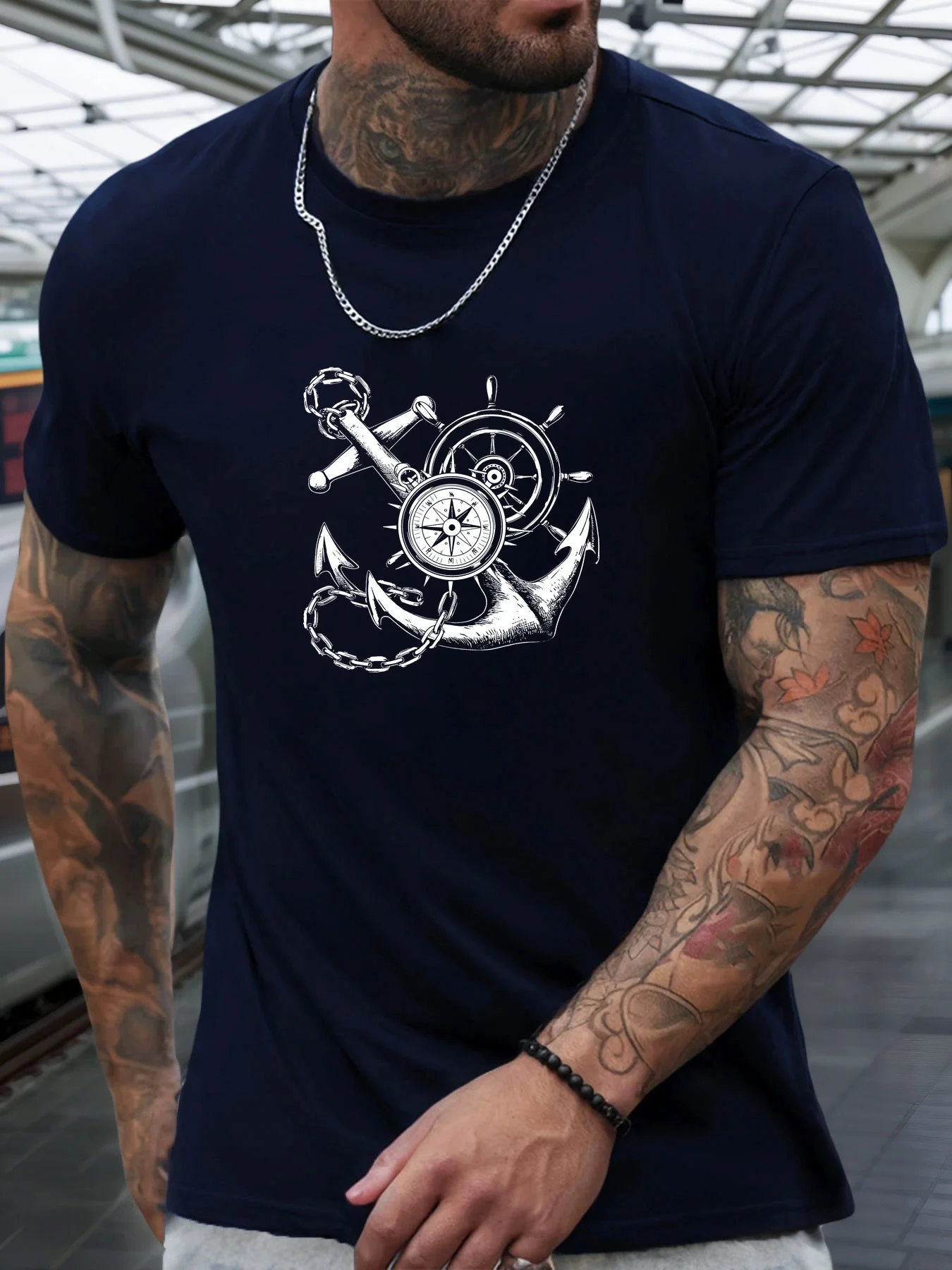 Men'S Summer Casual Short-Sleeve T-Shirt Featuring a Boat Anchor And Compass Design view 2