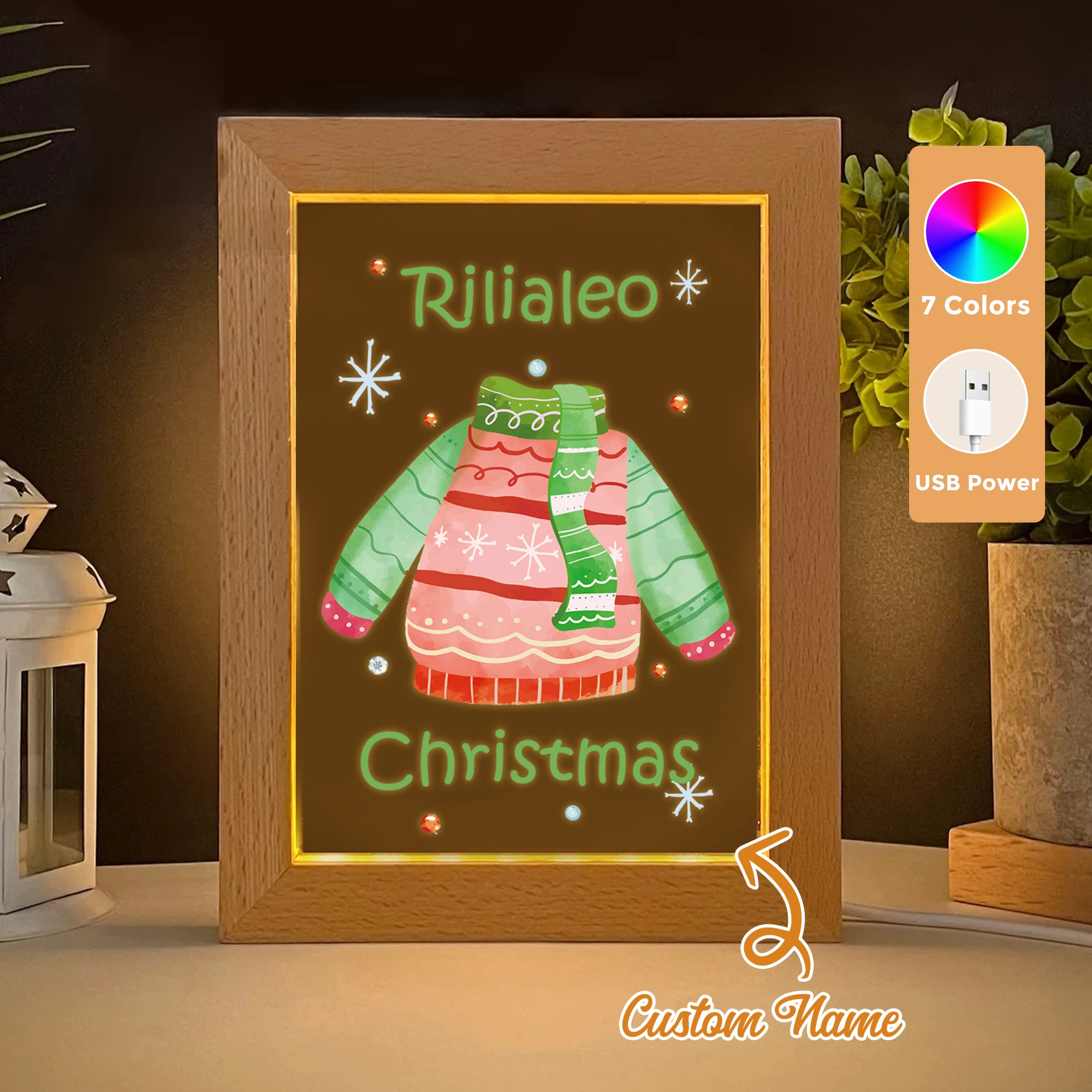 

Custom Name Sweater LED Acrylic Night Light Wood Photo Frame 21x17cm Christmas Cartoon Children Bedroom Gifts Home Decor