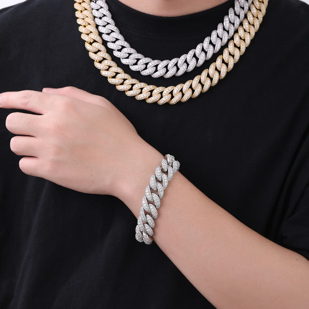

18 мм серебряная кубинская цепочка, ожерелье и набор браслетов с застежкой-коробкой, инкрустированная цирконием медь, нишевые роскошные ювелирные изделия в стиле хип-хоп для мужчин