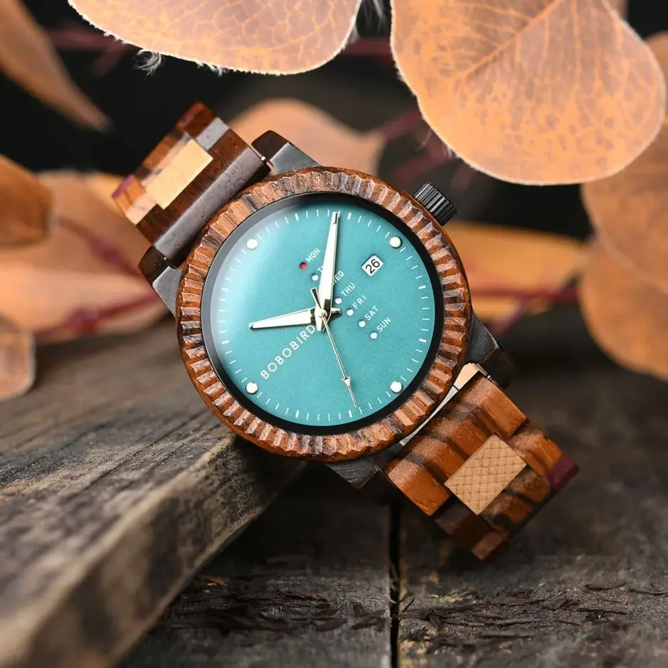 Top Brand Wooden Men's Watches BOBO BIRD Quartz Wrist Watch for Men Auto Date Week Display with Gift Box Custom Dropshipping