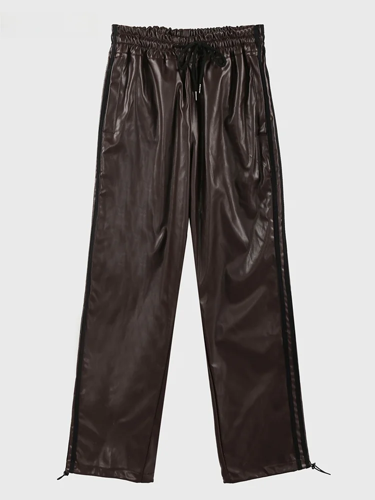 Nerazzurri Men's American Style PU Leather Pants Elastic Waist Cord Drawstring Straight Leg Casual Youthful Autumn Winter