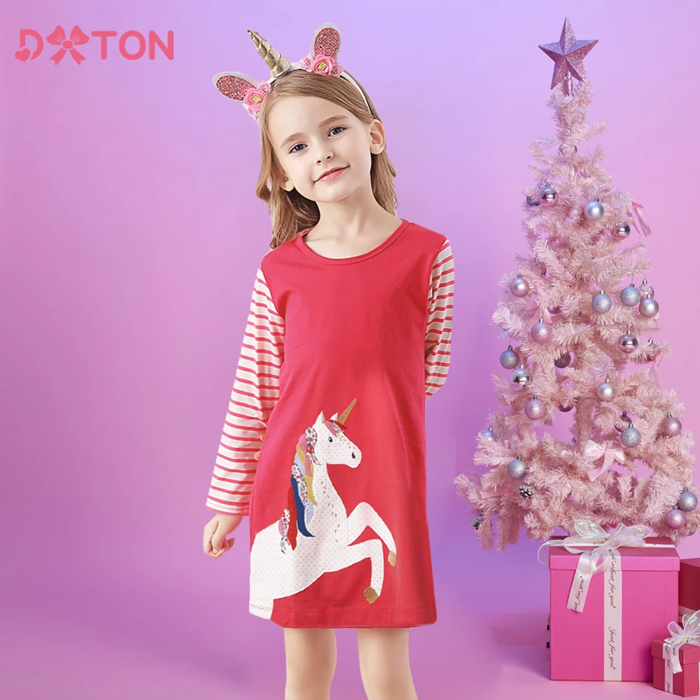 DXTON Autumn Girls Vestidos Girls A-Line Dress Red Children New Year Gift Unicorn Applique Baby Clothes Stripe Kids Daily Dress