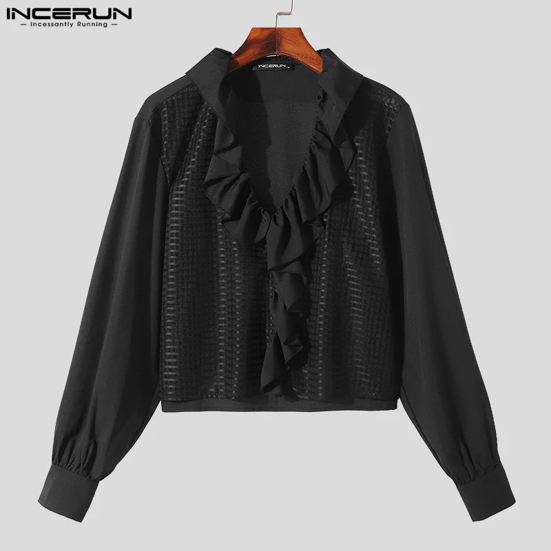 

INCERUN мужские рубашки в сетку в стиле пэчворк с v-образным вырезом и длинными рукавами, прозрачные рюши, повседневная мужская одежда, уличная одежда, модные майки 2025 г.