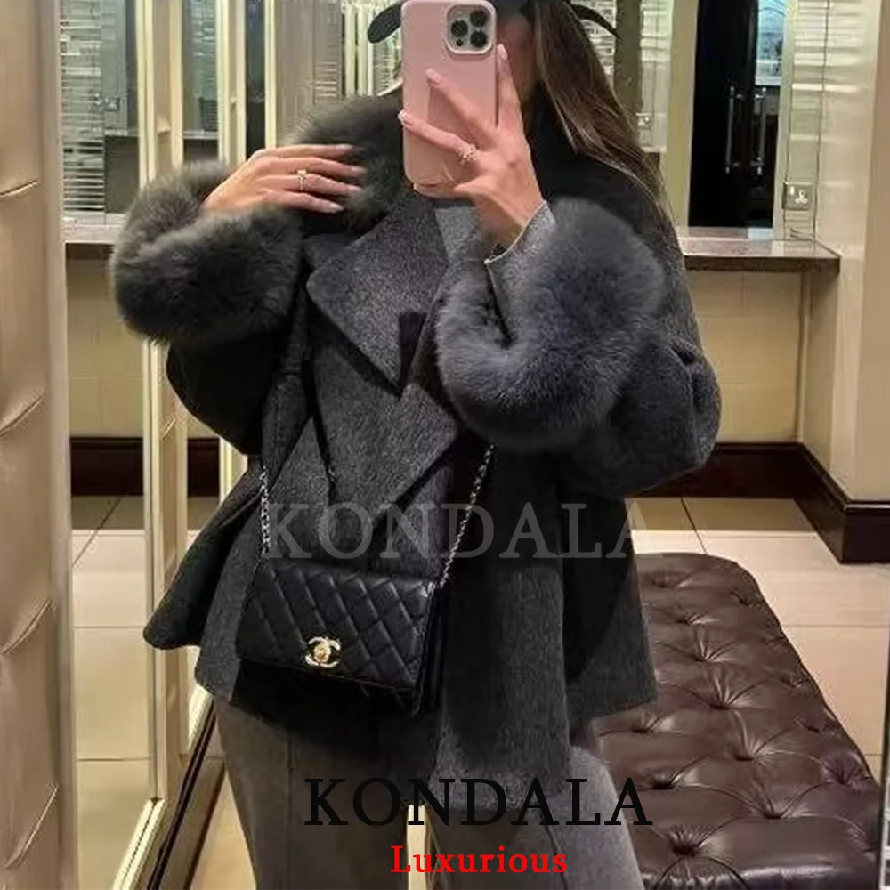 

KONDALA Elegant Chic Gray Blends Coats V Neck Long Sleeve Fur Collar ans Fur Sleeve Jacket Fashion 2025 Autumn Winter Thick Coat