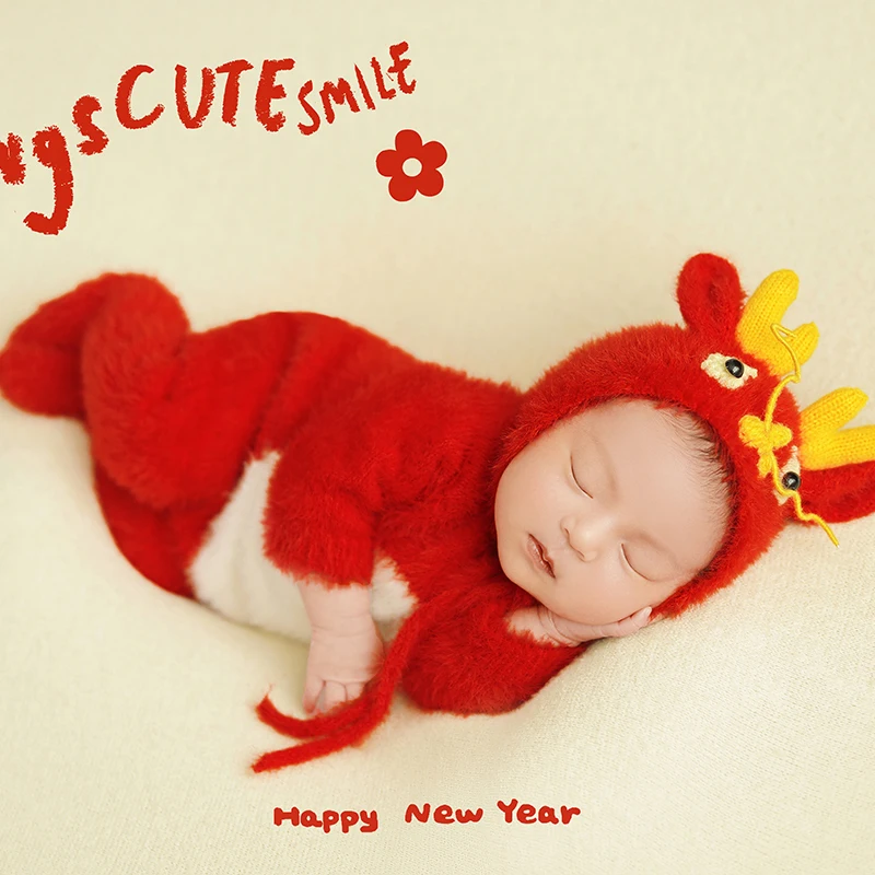 Newborn Shooting Props Dragon Year Red Theme Set Infant Soft Plush Jumpsuit Photography Outfit Studio Shooting Scene Costume