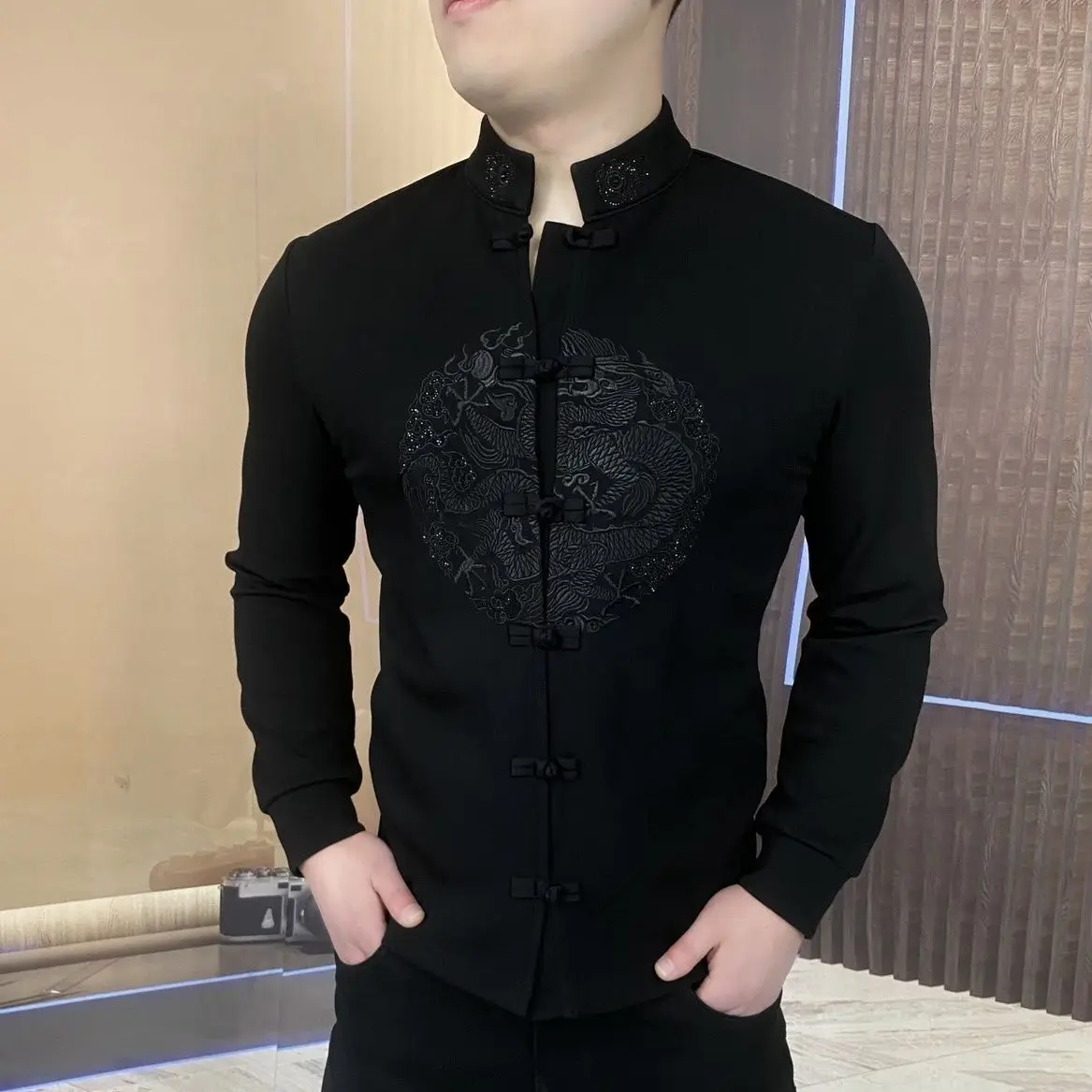 Autumn Winter Panlong Embroidery Tang Clothing Men's Fashion Casual Trend Chinese Style Business Standing Collar Long Sleeved