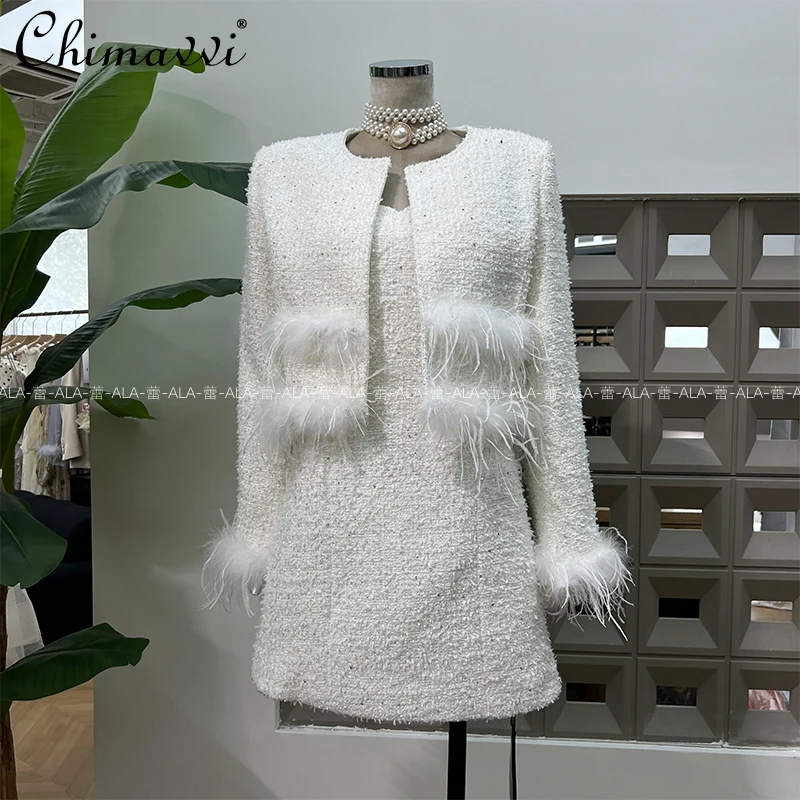 

French Elegant Socialite Feather Splicing Short Jacket Diamond Square Collar Sleeveless High Waist Slim Dress 2 pcs set Women