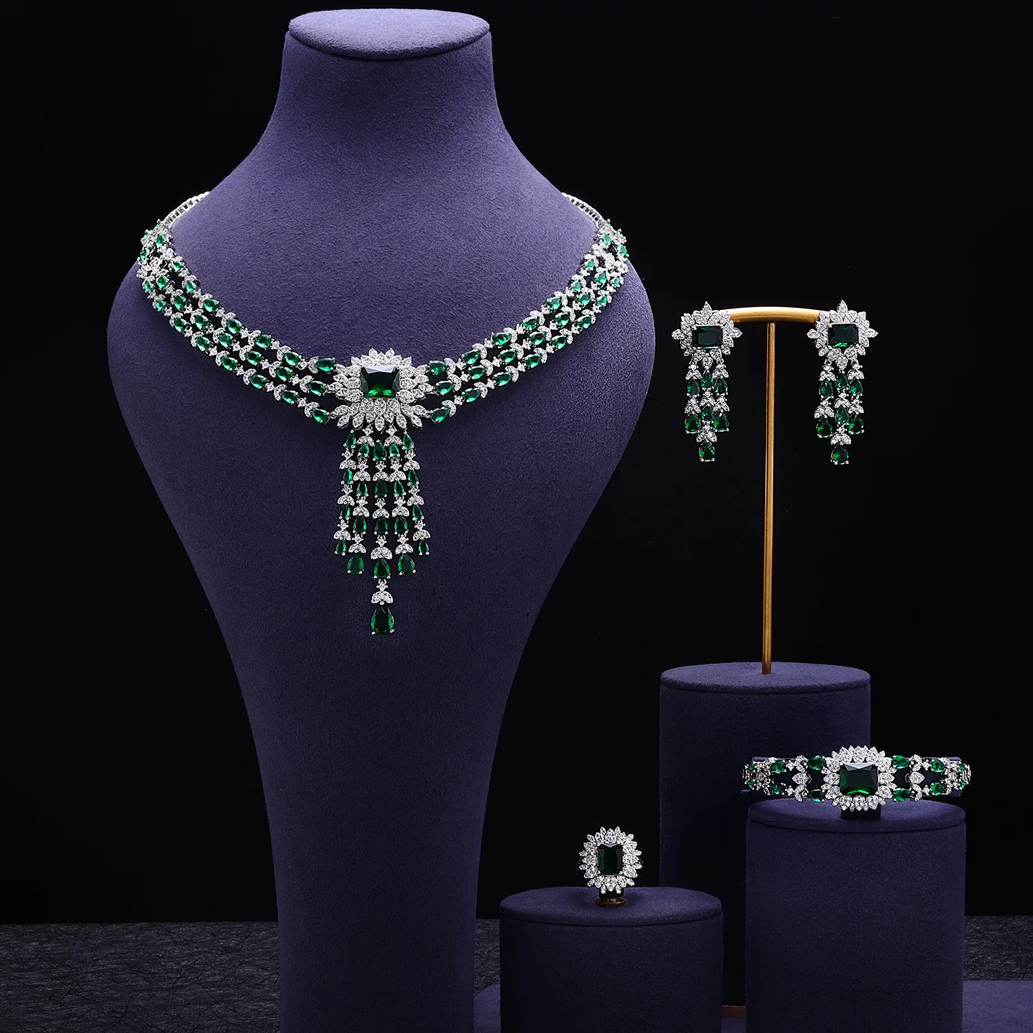 Charm 4Pcs Bridal Jewelry Set Full Paved CZ Wedding Party Accessories Women Necklace Earrings Bracelet Ring Party Christmas Gift