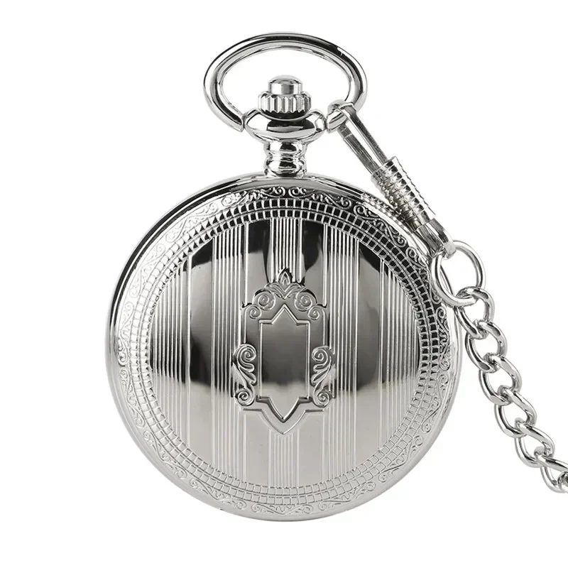 Silver Shield Full Hunter Case Men Women Skeleton Automatic Mechanical Pocket Watch Arabic Number Retro Clock Pendant Chain Gift