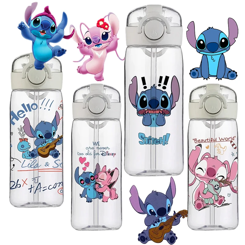 

400 мл Спортивная бутылка для воды Disney Stitch, герметичная прозрачная бутылка для напитков высокого качества с соломинкой, посуда для путешествий и фитнеса с героями мультфильмов