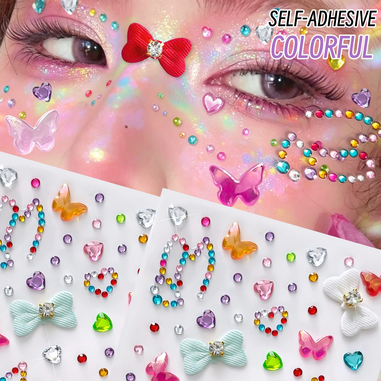 2Pcs 3D Colorful Butterfly Bow Face Gem Stickers Bow Love-Heart Self-Adhesive Rhinestone Tattoos for Eye Body Diamond Decoration