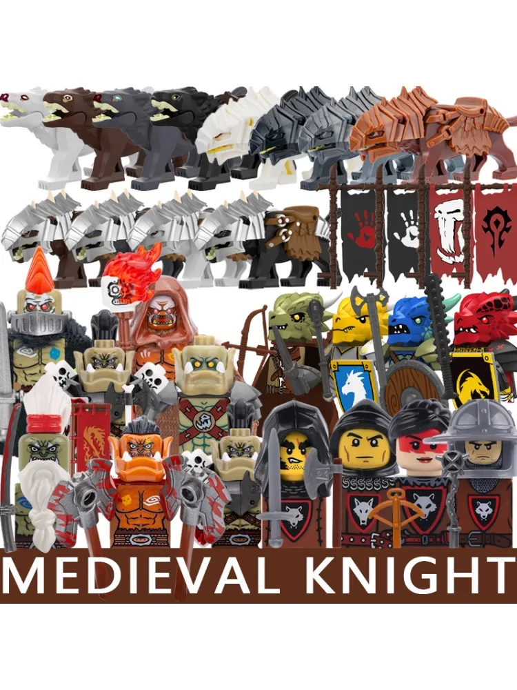 Mittelalterliche Burg Soldat Figuren Bausteine Ritter Ork Krieger Drache Wolf Tiere Kampf Flaggen Zubehör Ziegel Spielzeug Jungen