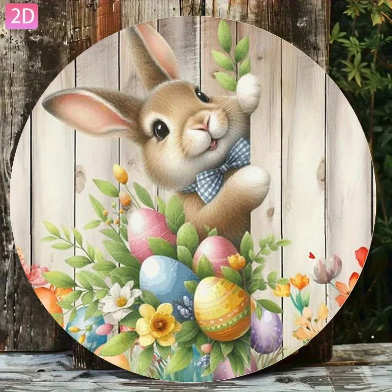 Vintage Osterhase aus der Tür spähend Metallschild Retro Eier Blumenmuster Wanddekoration für Zuhause