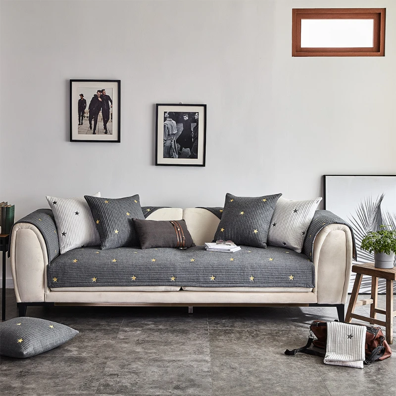 

Modern Non-Slip Sofa Cover for Living Room Slipcover Thickened Couch Covers 4 Seasons Universal Sofa Mat Embroidered Stars Mat