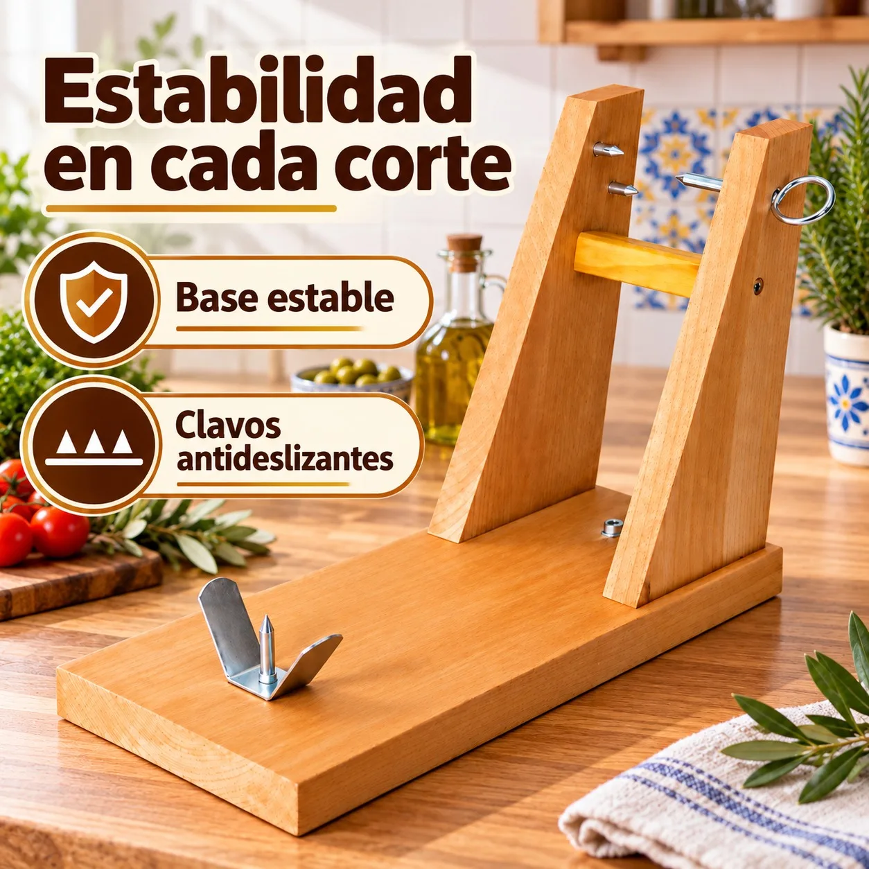 Support à jambon en bois naturel avec base stable et clous antidérapants, présentoir professionnel pour trancher le jambon serrano et le jambon ibérique, dimensions 40x17x28 cm, conception robuste.