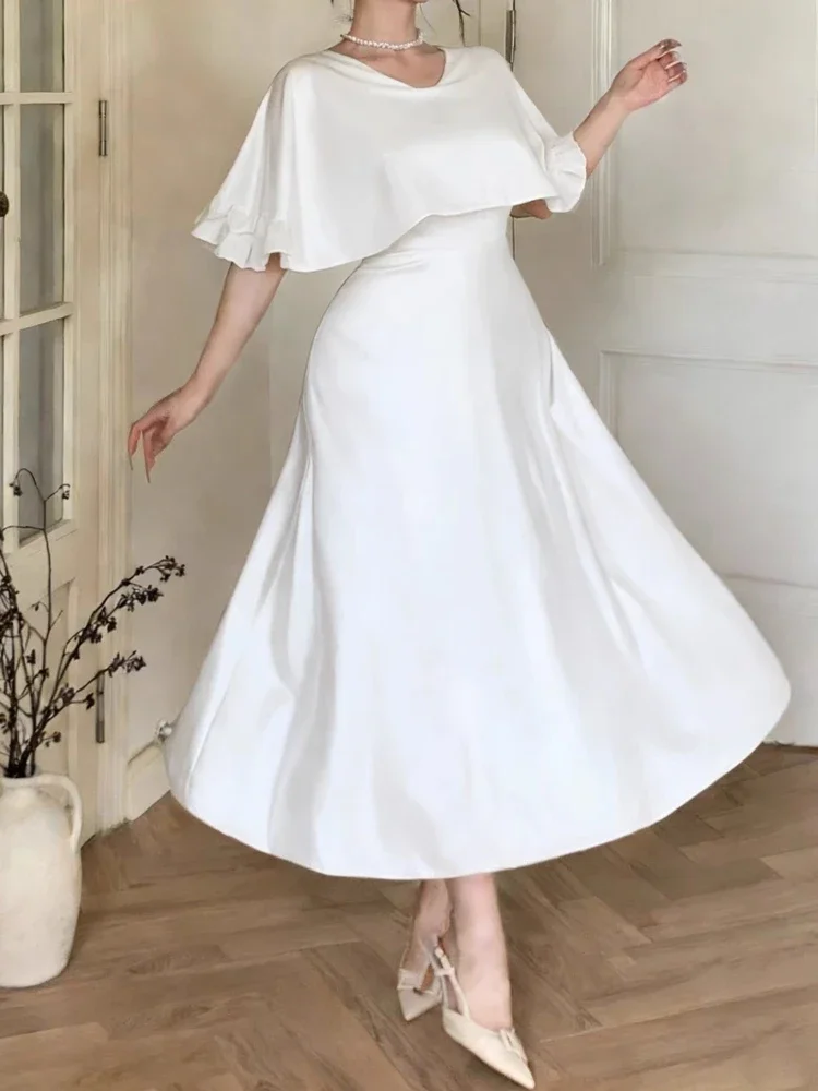 Neues Sommer-Chic Einfarbiges Chiffon-Kleid mit Schalkragen Damen Retro Französischer Stil Elegantes Langes Kleid Abendkleid für Partys