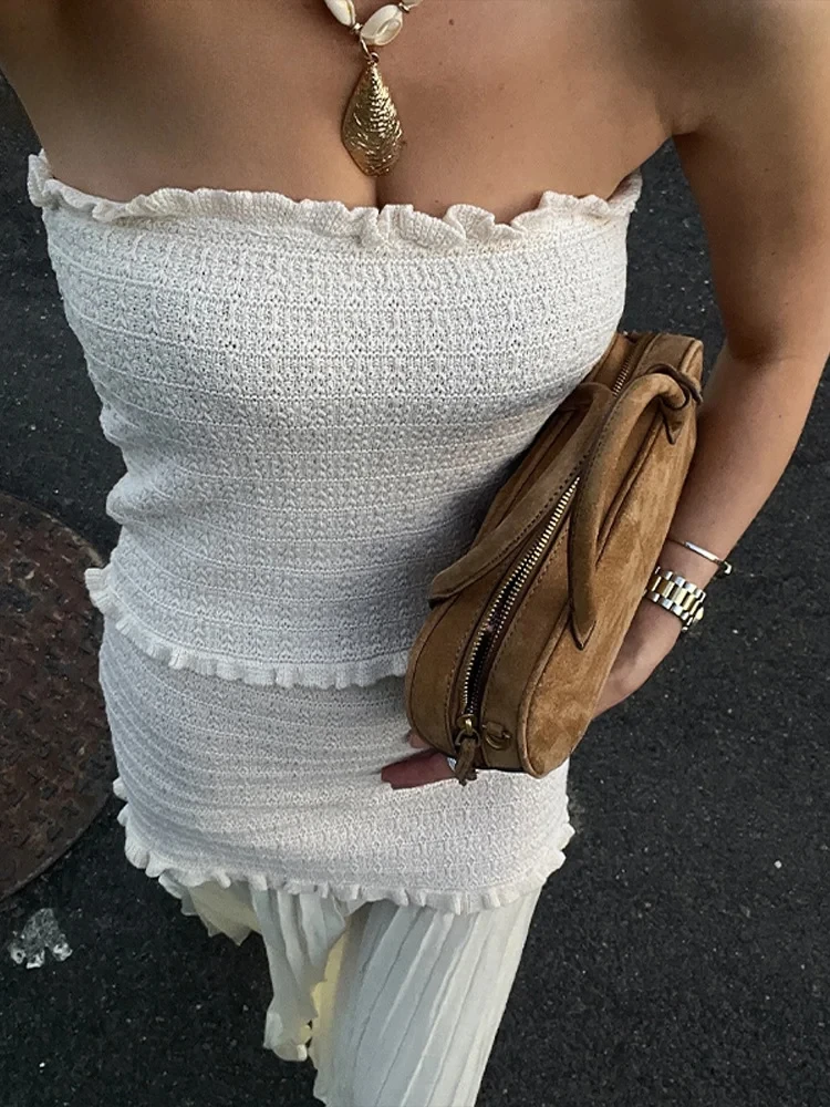 

Elegant Patchwork Tube Top Long Skirt Set Women Sleeveless Solid Tops Pleated High Waist Skirts 2025 Summer Holiday White Sets
