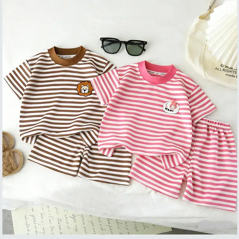New Children's Korean Version Set for Boys and Girls Summer Striped Round Neck Lapel Short Sleeved Shorts Casual Two-Piece Set