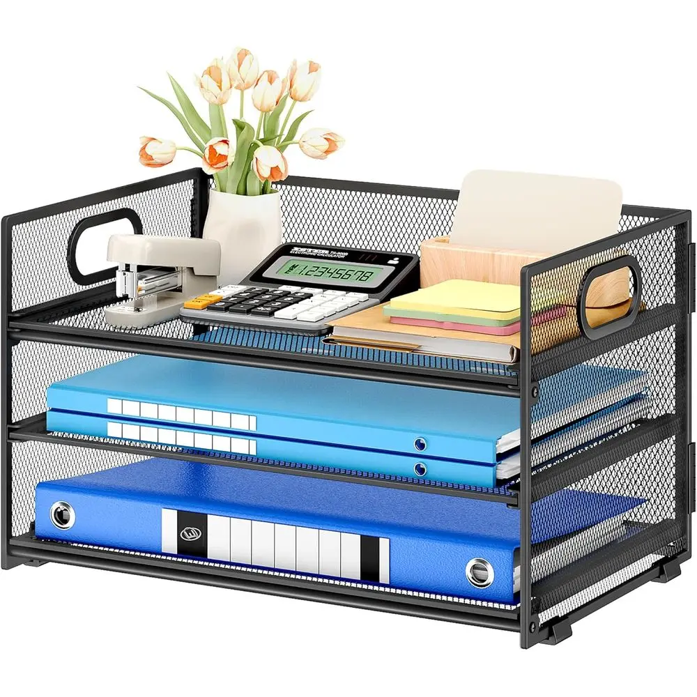 

3 Tier Paper Letter Tray Organizer for Desk, Black Metal Mesh Desk File Folder Sorter Organizer with Handle and Sliding Tray for