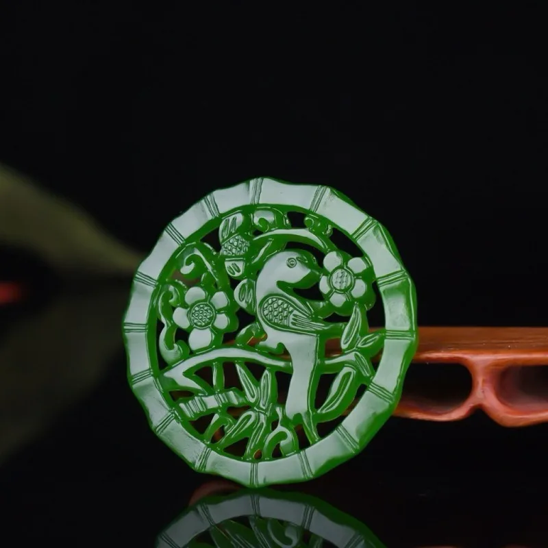 Natural Green Handmade Carved Magpie Plum Blossom Jade Pendant, Fashionable Boutique Jewelry, Men's and Women's Necklaces