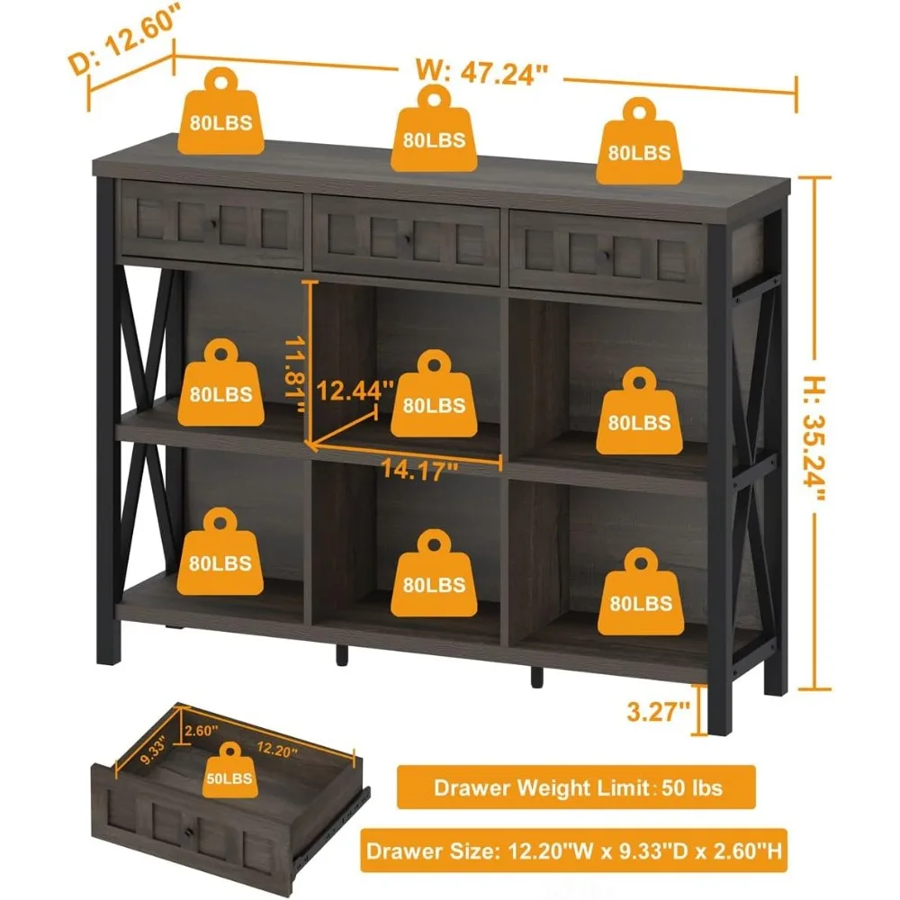 Rustic 6 Cube Bookcase with 3 Drawers, Long Horizontal Bookshelf Storage, Low Cubby Organizer Shelf (Rustic Oak, 47 Inch)