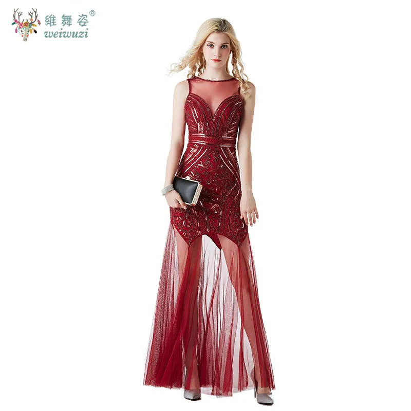 女性ファッション高級ビーズスパンコールボディコンドレス 1920 年代ヴィンテージ V ネック背中の開いたメッシュ裾エレガントなイブニングドレスブライドメイドドレス