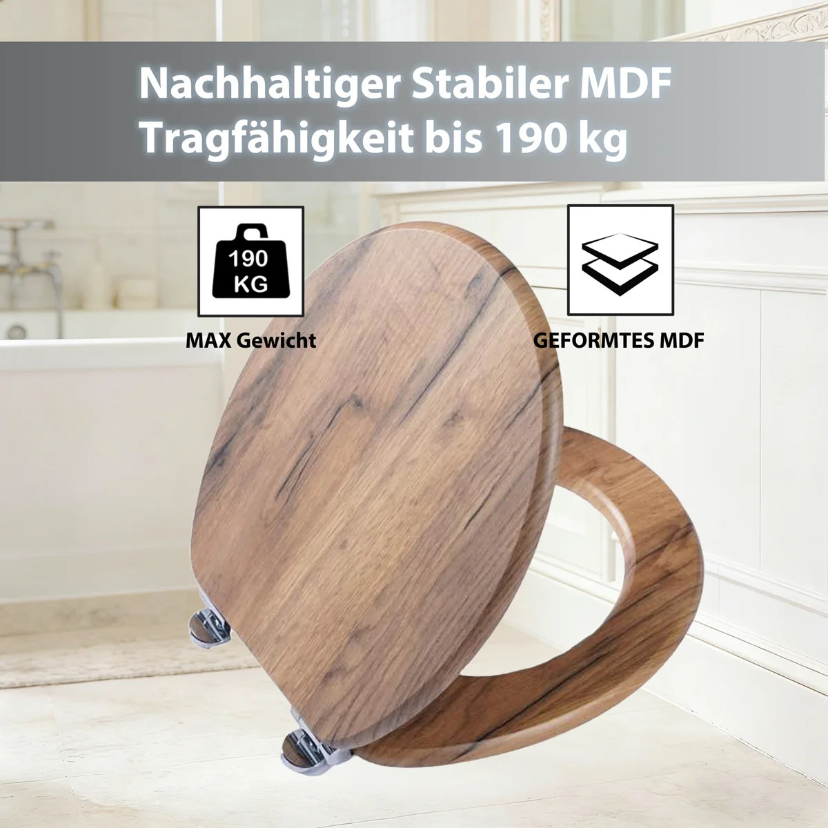 SINOBATH WC Deckel mit Absenkautomatik MDF Universelle O-Form Toilettendeckel WC Sitz Holz Antibakteriell Klobrille Tragfähigkeit 190kg Neues Design