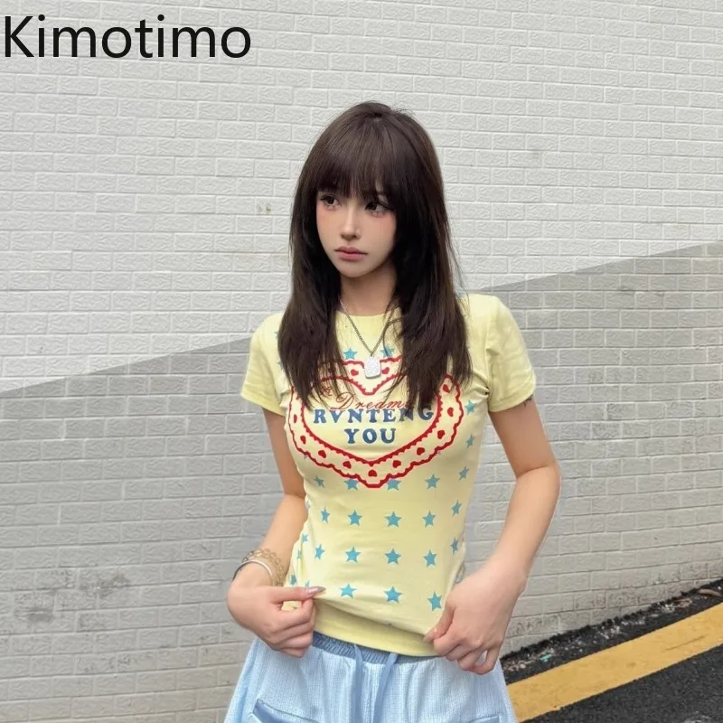 Kimotimo American Star Letter Printed Short Sleeve T-shirt Women Summer Sweet Slim Fit O-neck Crop Top Retro Y2k Aesthetic Tees