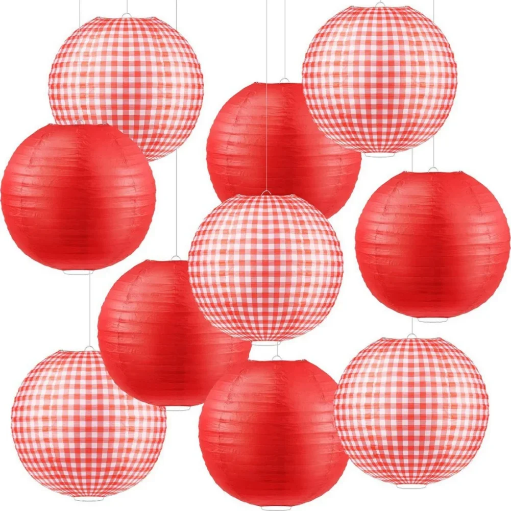 

6/8/10pcs Red Paper Lanterns, Red And White Plaid Round Hanging Lanterns For Picnic Party Decor Pizza Party Decoration Supplies