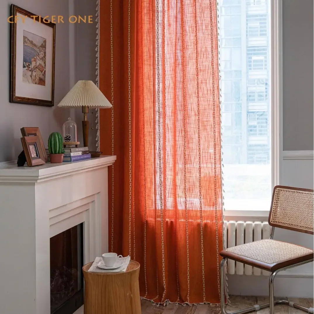 

Cotton Linen Orange Striped Tassel Window Curtain Semi-shading Drapes for Living Room Thickening Bedroom Kitchen Door Drapes