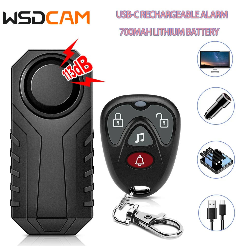 wsdcam vibration bike alarme carregamento usb alarme de motocicleta com controle remoto anti roubo bike detector bicycle bell 700mah 01