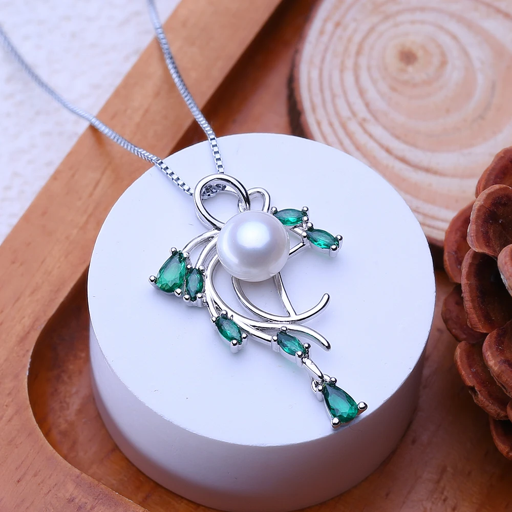FENASY 925 Sterling Silver Freshwater Pearl Emerald Jewelry Sets Leaf Earrings Necklace Pendant Engagement Ring Sets For Women
