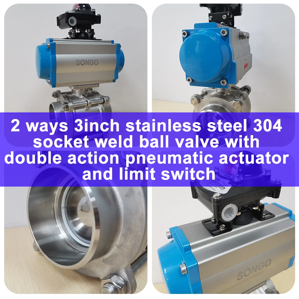 150LB 2 ways 3inch stainless steel 304 socket weld ball valve with double action pneumatic actuator and limit switch