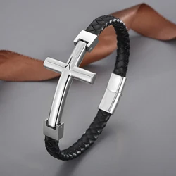 HaoYi Fashion Genuine Leather Bracelet For Men Gold Silver Color Stainless Steel Cross Charm Bracelets Punk Jewelry Gift