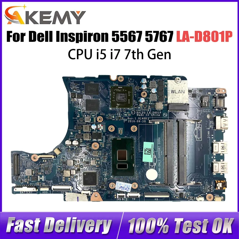 Laptop Motherboard For DELL Inspiron 15 5567 17 5767 CN-0KFWK9 0KFWK9 LA-D801P Notebook Mainboard With I5-7200U I7-7500U