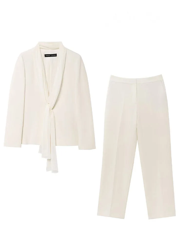 HH Primavera Donna Abito solido Sciarpa sottile Colletto rovesciato Blazer Top a maniche lunghe + Cerniera Pantaloni a gamba dritta in vita midi Set