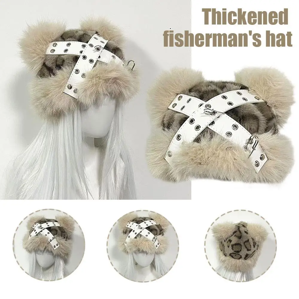 

Winter Warm Y2K Style Hat Hairy Hat Thickened Bucket Hat Leather Punk Buckle Subculture Cute Fluffy Costume Fashion Outdoors Hat