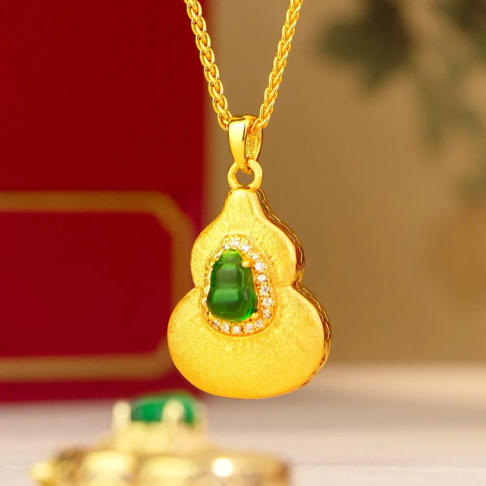 Draw wire point diamond calabash necklace women retro Chinese style Fulu collarbone chain 9999gold
