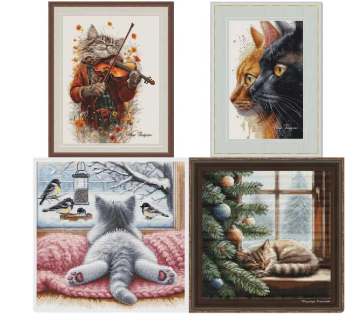 

Word embroidery electronic redrawing saga format source file music observer winter orange cat black cat Cross Stitch Set