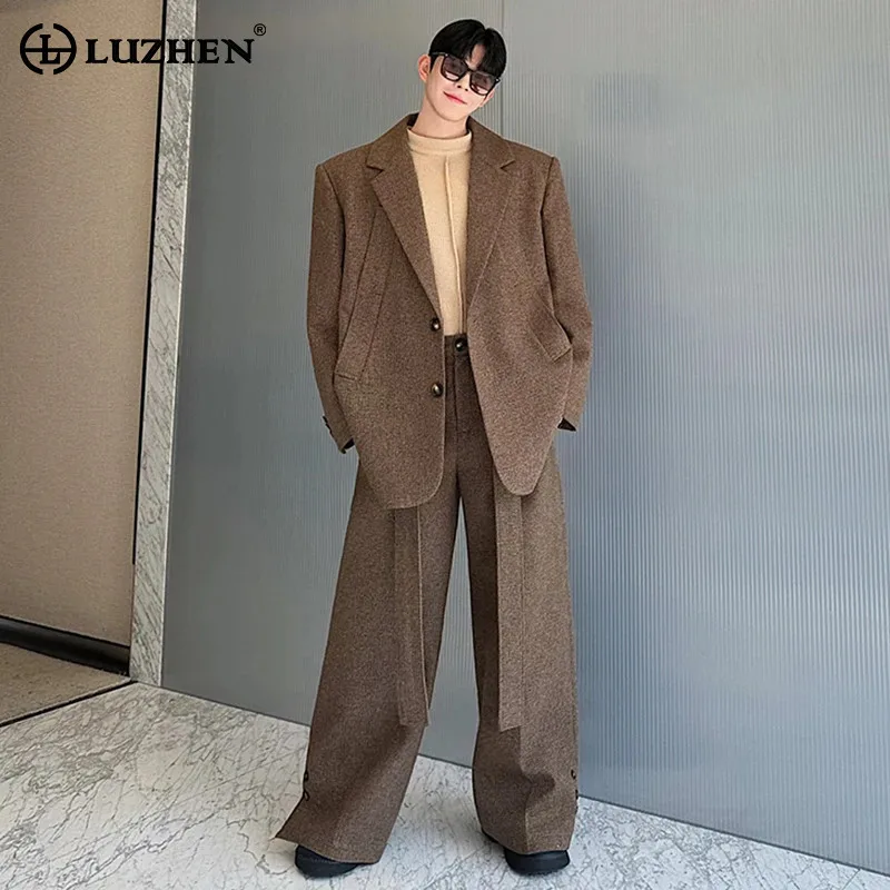 

LUZHEN Suit Jackets Sets Woven Woolen Fabric Temperament Casual Luxury Simplicity Social Men's Straight Pants Two Piece LZ6059