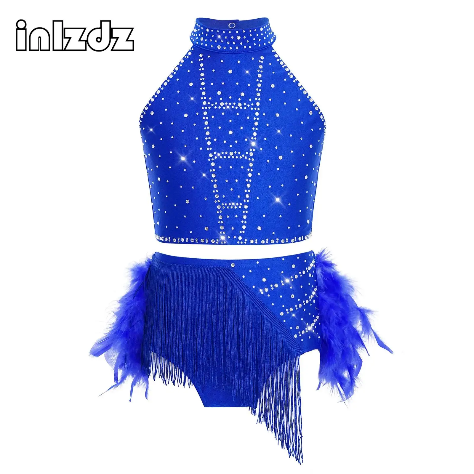 

Детский костюм для балета и танцев для девочек: укороченный топ без рукавов с бретелью через шею и юбка с перьями и кисточками для выступлений в стиле латино, ча-ча, самба