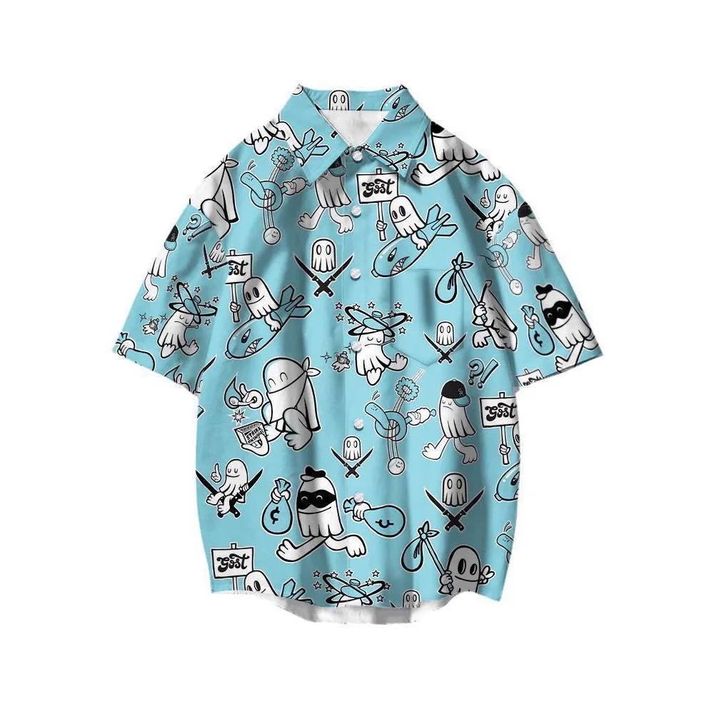 Anime cartoon graffiti surrounding 3D digital printing summer lapel men's loose shirt casual short sleeve top