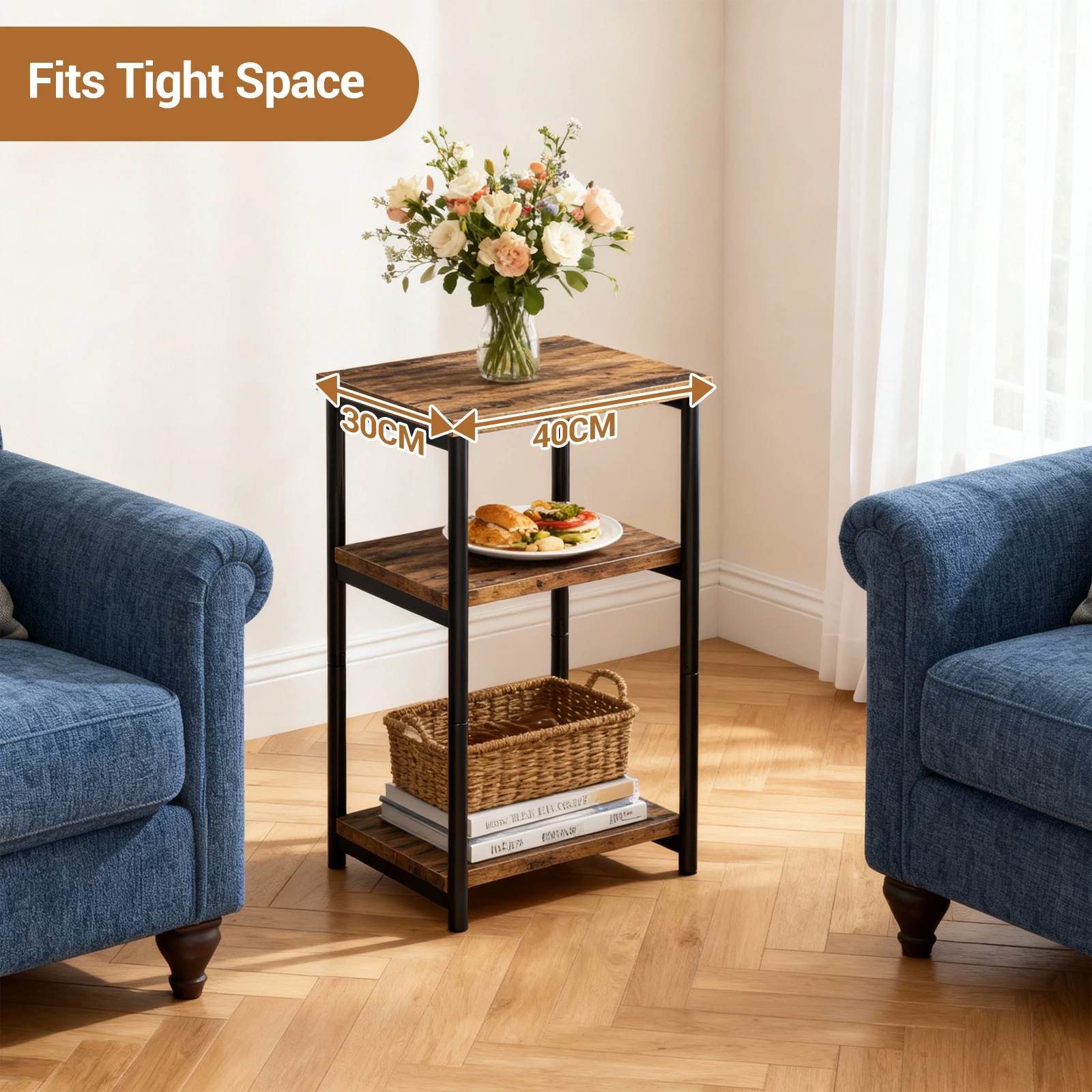

3-уровневый торцевой столик с полками для хранения — Узкий приставной столик для дивана в деревенском стиле для небольших помещений — Прикроватная тумбочка с акцентом на металлическом каркасе для Li